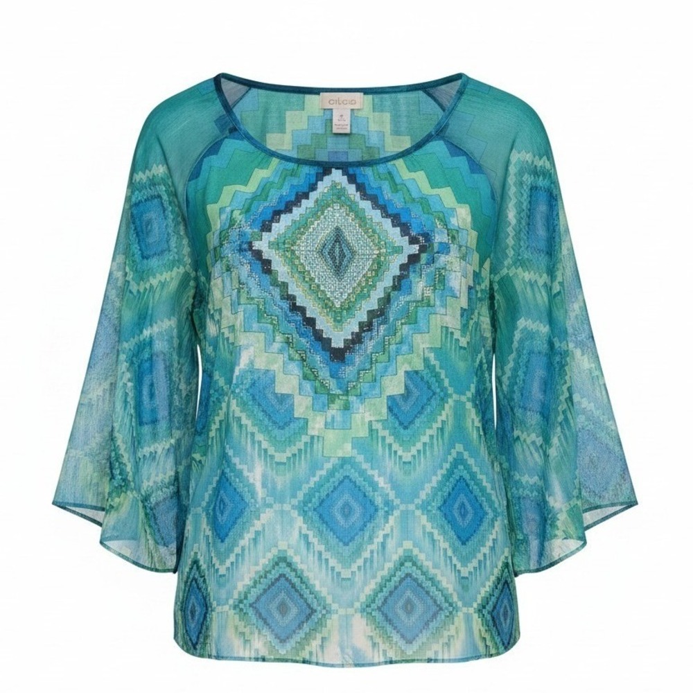 Chico's Size Large Fairy Retro Top Blue Green Sheer Geometric Beaded Embellished